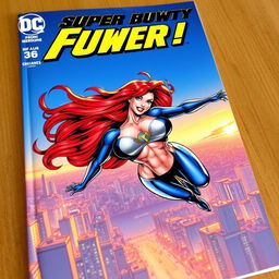 A thrilling comic book cover featuring a super busty, red-headed female superhero in action