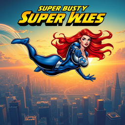 A thrilling comic book cover featuring a super busty, red-headed female superhero in action