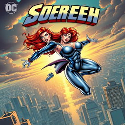 A thrilling comic book cover featuring a super busty, red-headed female superhero in action