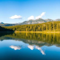 A serene landscape featuring a tranquil lake surrounded by lush forest and mountains in the background