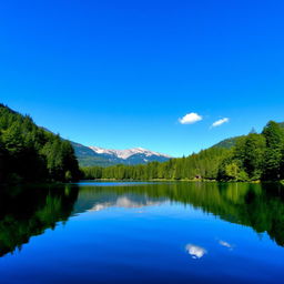 A serene landscape featuring a tranquil lake surrounded by lush forest and mountains in the background