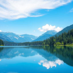 A serene landscape featuring a tranquil lake surrounded by lush forest and mountains in the background