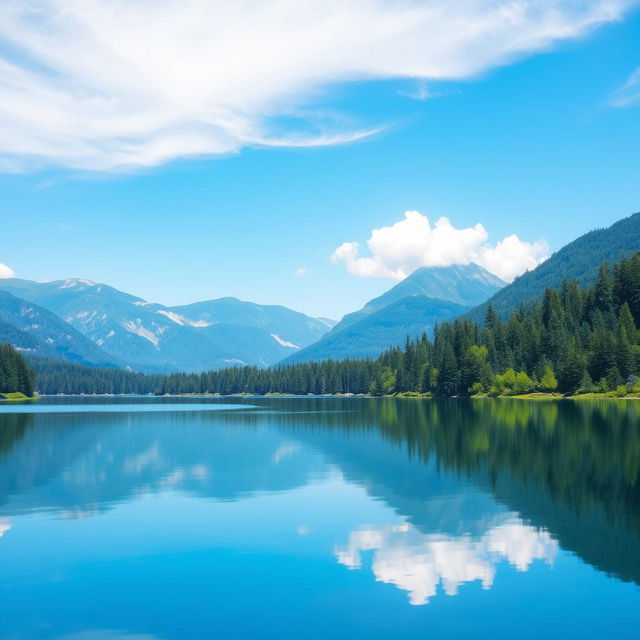 A serene landscape featuring a tranquil lake surrounded by lush forest and mountains in the background