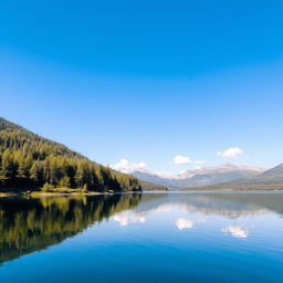 A serene landscape featuring a tranquil lake surrounded by lush forest and mountains in the background