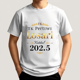 A luxurious t-shirt design for parents of kindergarten children, featuring elegant and sophisticated typography that reads "TK Pertiwi Losari Kidul 2025" with the theme of 'smart and powerful'