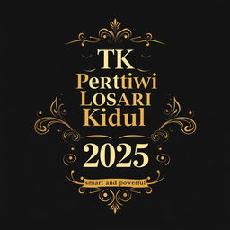 A luxurious t-shirt design for parents of kindergarten children, featuring elegant and sophisticated typography that reads "TK Pertiwi Losari Kidul 2025" with the theme of 'smart and powerful'