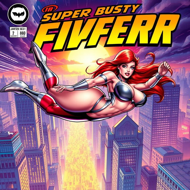 A thrilling comic book cover featuring a super busty, red-headed female superhero in action