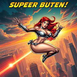 A thrilling comic book cover featuring a super busty, red-headed female superhero in action