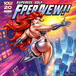 A thrilling comic book cover featuring a super busty, red-headed female superhero in action