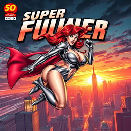 A thrilling comic book cover featuring a super busty, red-headed female superhero in action