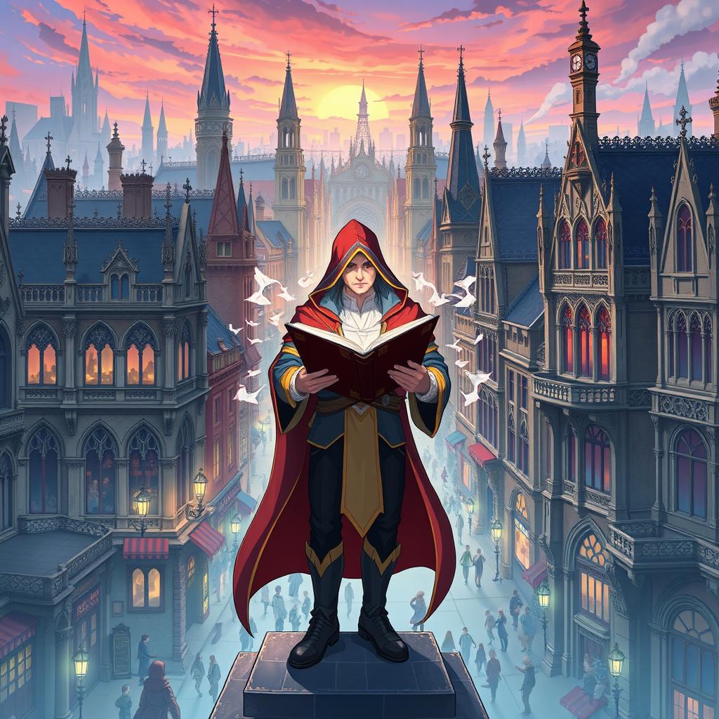 An anime-style poster depicting a vibrant city with Gothic Revival architecture