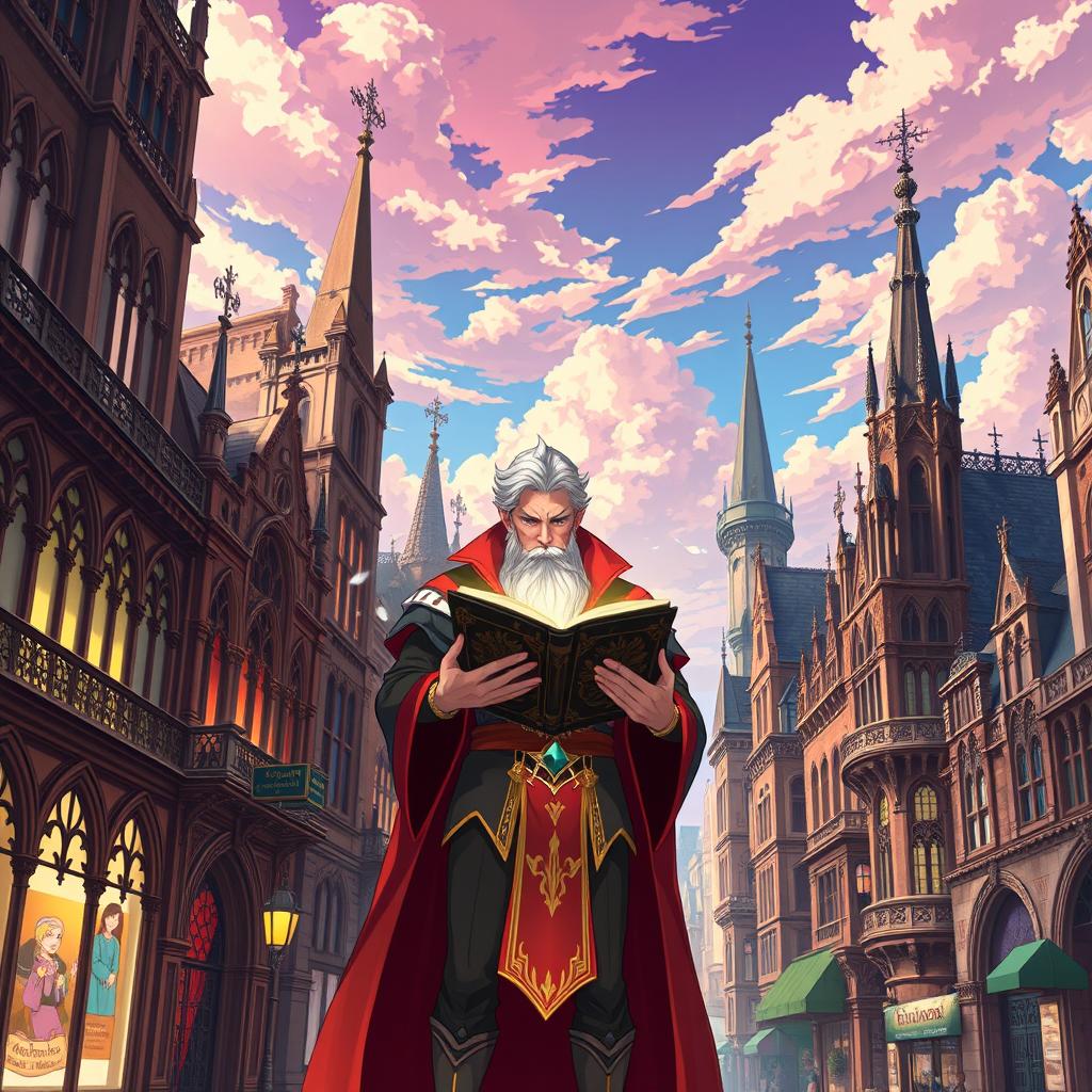 An anime-style poster depicting a vibrant city with Gothic Revival architecture