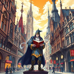 An anime-style poster depicting a vibrant city with Gothic Revival architecture