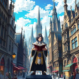 An anime-style poster depicting a vibrant city with Gothic Revival architecture