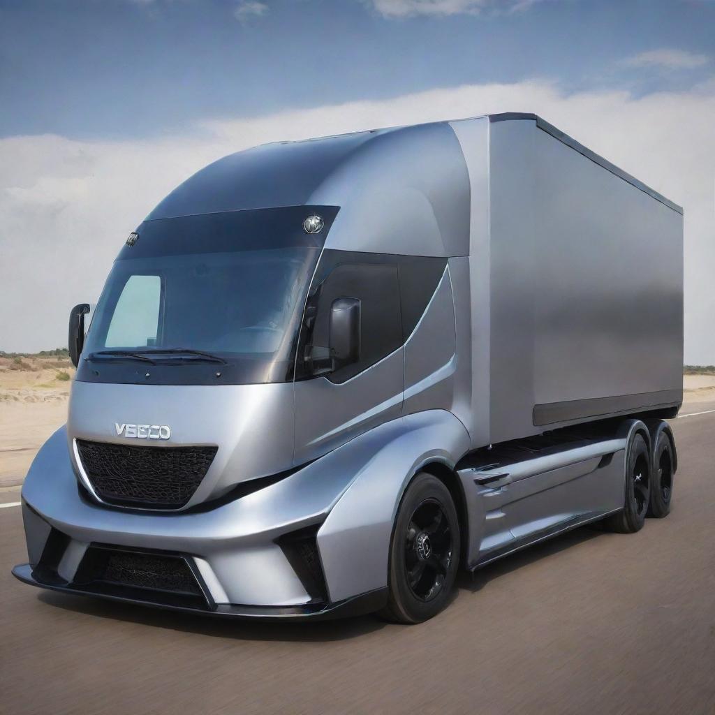 Imagine a robust Iveco cargo truck combined with the sleek, high-performance aesthetics of a Devel Sixteen supercar, resulting in a groundbreaking super truck concept