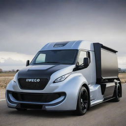 Imagine a robust Iveco cargo truck combined with the sleek, high-performance aesthetics of a Devel Sixteen supercar, resulting in a groundbreaking super truck concept