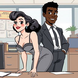 A white businesswoman with black curly hair, dressed in a 1950s style bra and stockings, is bending over an office desk