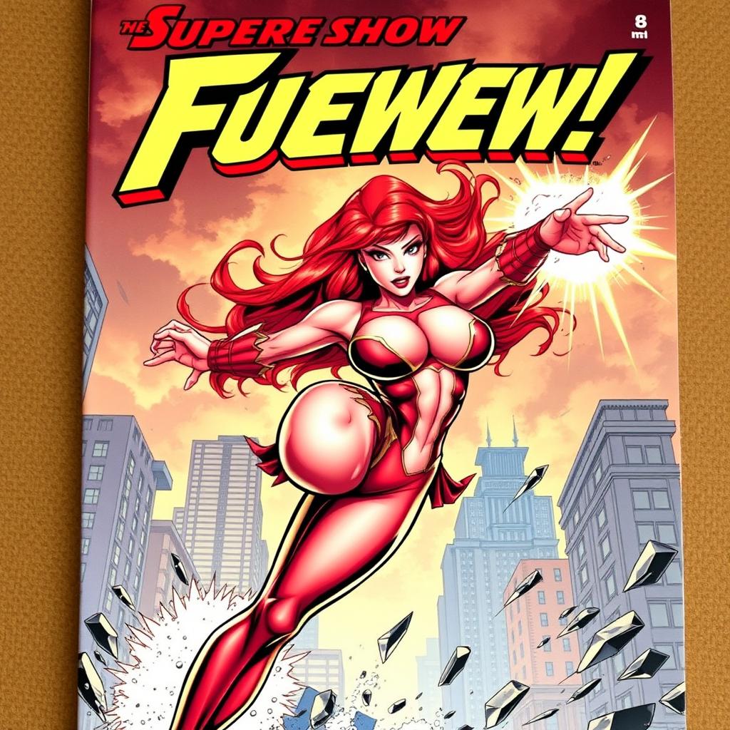 An exhilarating comic book cover featuring a super busty, red-headed female superhero in action, delivering a powerful kick