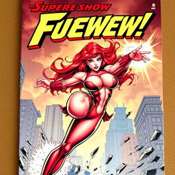 An exhilarating comic book cover featuring a super busty, red-headed female superhero in action, delivering a powerful kick