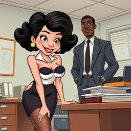 A white businesswoman with black curly hair, dressed in a 1950s style bra and stockings, is bending over an office desk