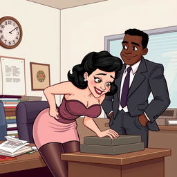 A white businesswoman with black curly hair, dressed in a 1950s style bra and stockings, is bending over an office desk