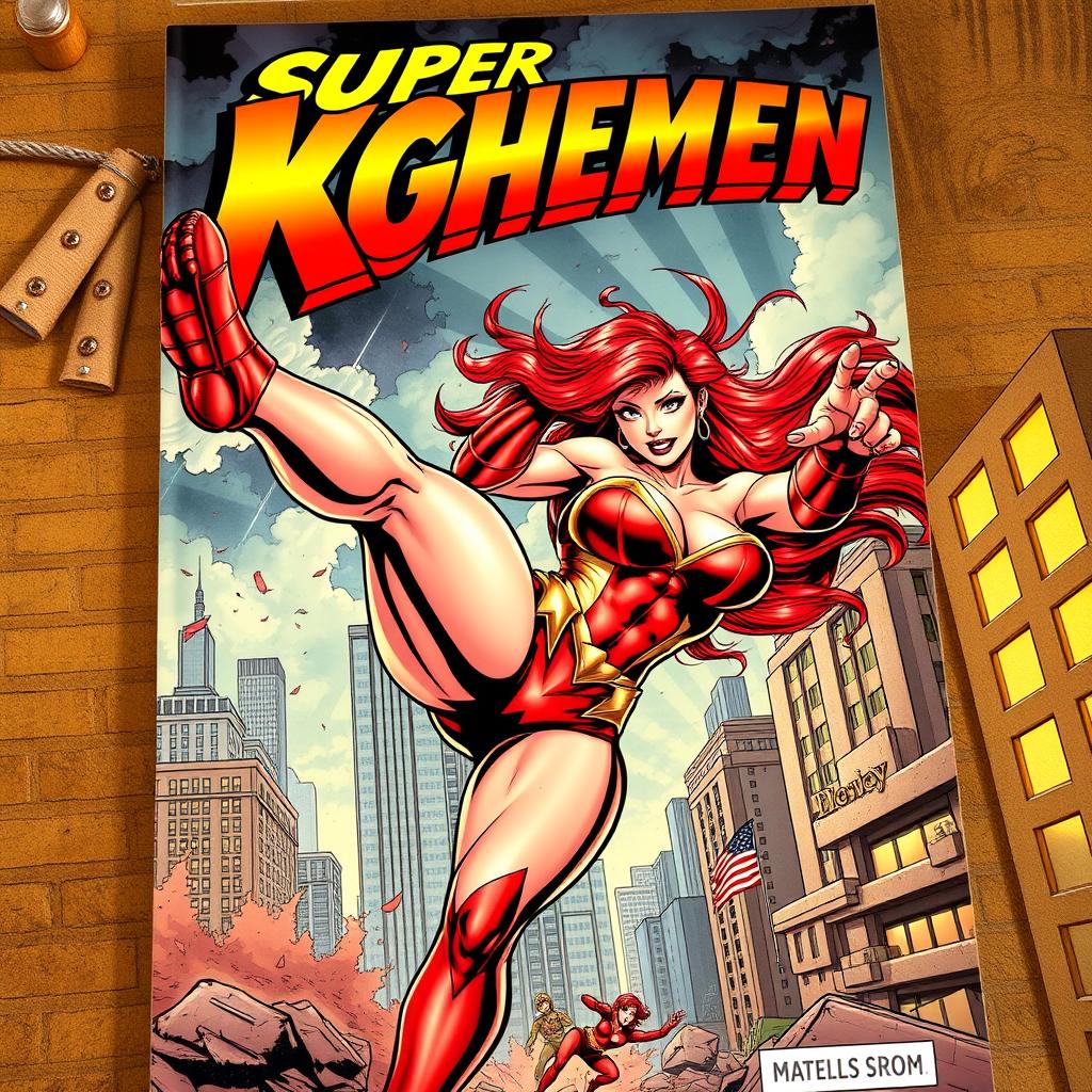 An exhilarating comic book cover featuring a super busty, red-headed female superhero in action, delivering a powerful kick