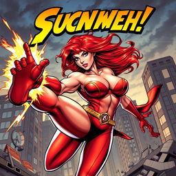 An exhilarating comic book cover featuring a super busty, red-headed female superhero in action, delivering a powerful kick