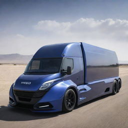 Imagine a robust Iveco cargo truck combined with the sleek, high-performance aesthetics of a Devel Sixteen supercar, resulting in a groundbreaking super truck concept