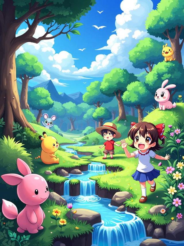 A vibrant anime poster in the Kodomomuke style, featuring colorful, whimsical characters and a magical landscape