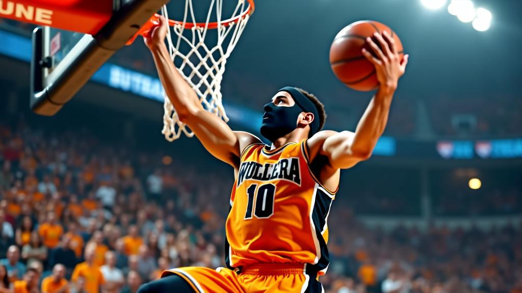 A stunning YouTube thumbnail for a sports channel, showcasing a masked man performing an impressive basketball dunk