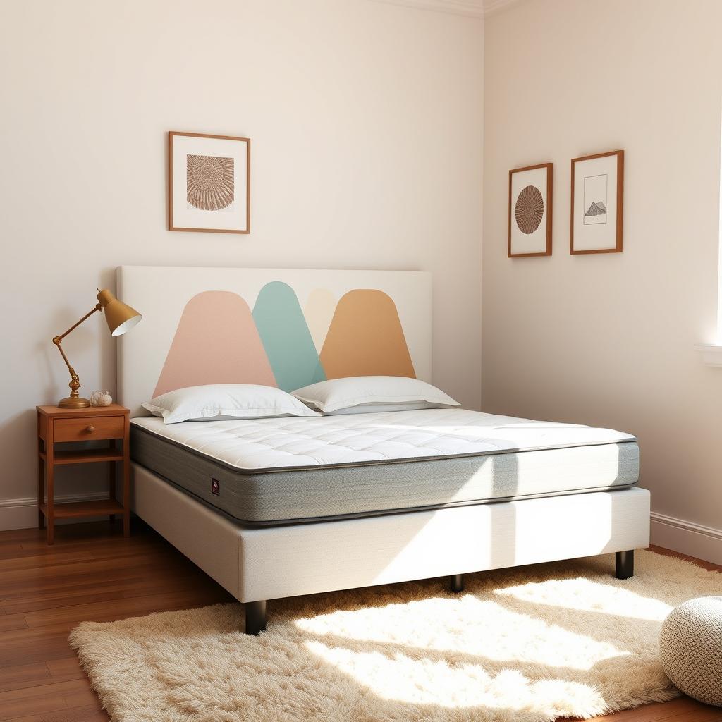 A small cozy room featuring a classic box spring bed