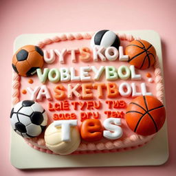 A bento cake design featuring the text "футбол, волейбол, баскетбол, литрбол -- все про тебя" adorned with images of different balls for each sport