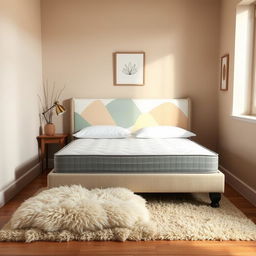 A small cozy room featuring a classic box spring bed