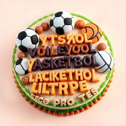 A bento cake design featuring the text "футбол, волейбол, баскетбол, литрбол -- все про тебя" adorned with images of different balls for each sport