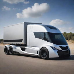 Imagine a robust Iveco cargo truck combined with the sleek, high-performance aesthetics of a Devel Sixteen supercar, resulting in a groundbreaking super truck concept