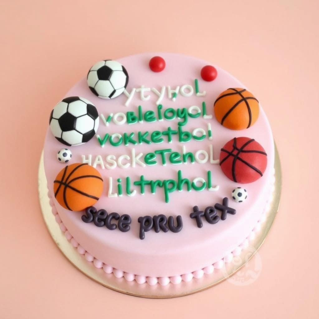 A bento cake design featuring the text "футбол, волейбол, баскетбол, литрбол -- все про тебя" adorned with images of different balls for each sport