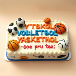 A bento cake design featuring the text "футбол, волейбол, баскетбол, литрбол -- все про тебя" adorned with images of different balls for each sport