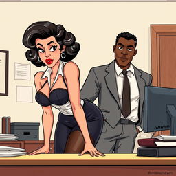 A white businesswoman with black curly hair, dressed in a 1950s style bra and stockings, is bending over an office desk