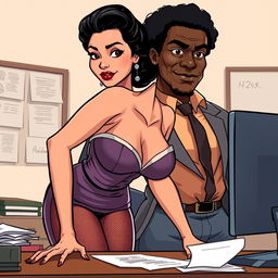 A white businesswoman with black curly hair, dressed in a 1950s style bra and stockings, is bending over an office desk