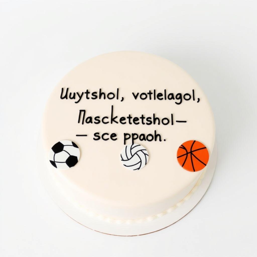 A bento cake designed with the text "футбол, волейбол, баскетбол, литрбол -- все про тебя" accompanied by flat illustrations of balls