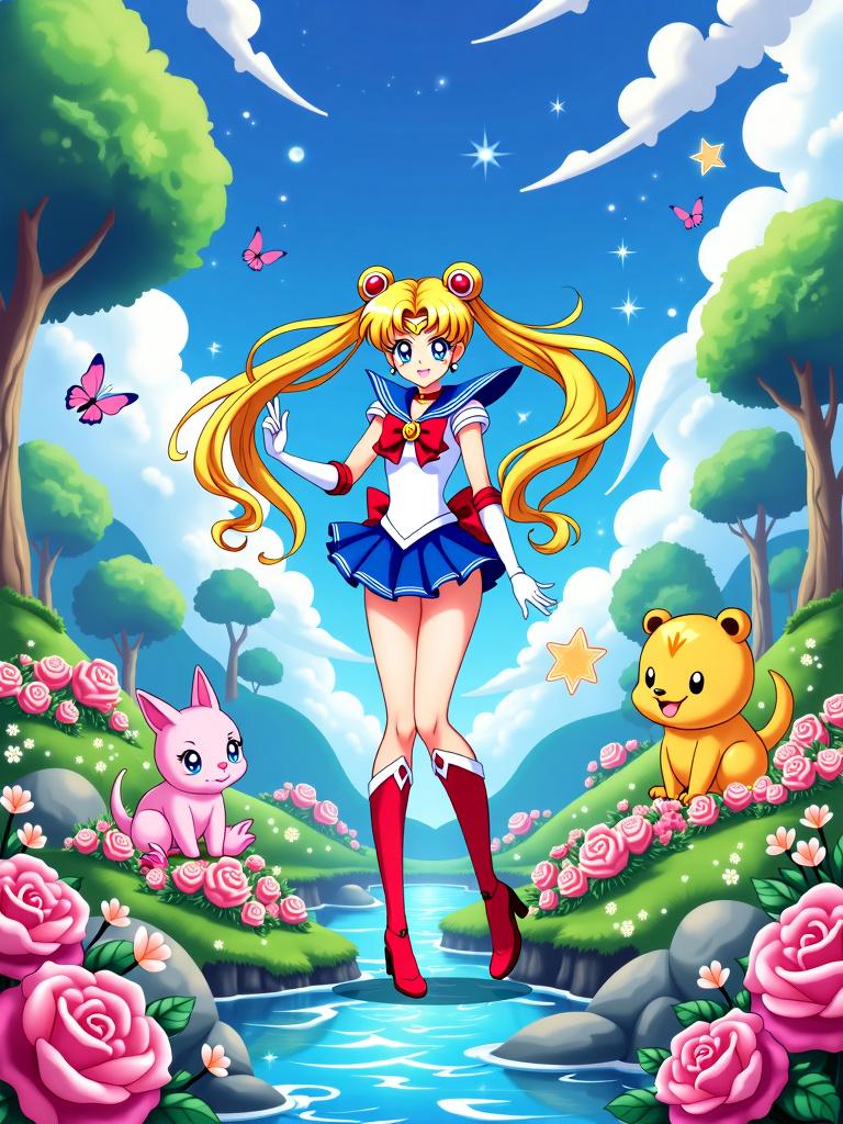 A vibrant anime poster in the Kodomomuke style, featuring Sailor Moon in a colorful and whimsical fantasy setting