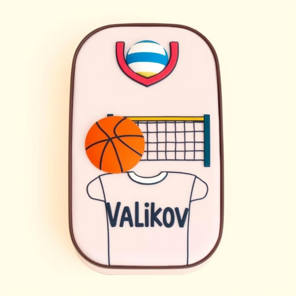 A bento cake design featuring a flat illustration of a basketball, a volleyball net, and the outline of a football jersey with the name "Valikov" on it