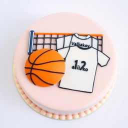 A bento cake design featuring a flat illustration of a basketball, a volleyball net, and the outline of a football jersey with the name "Valikov" on it