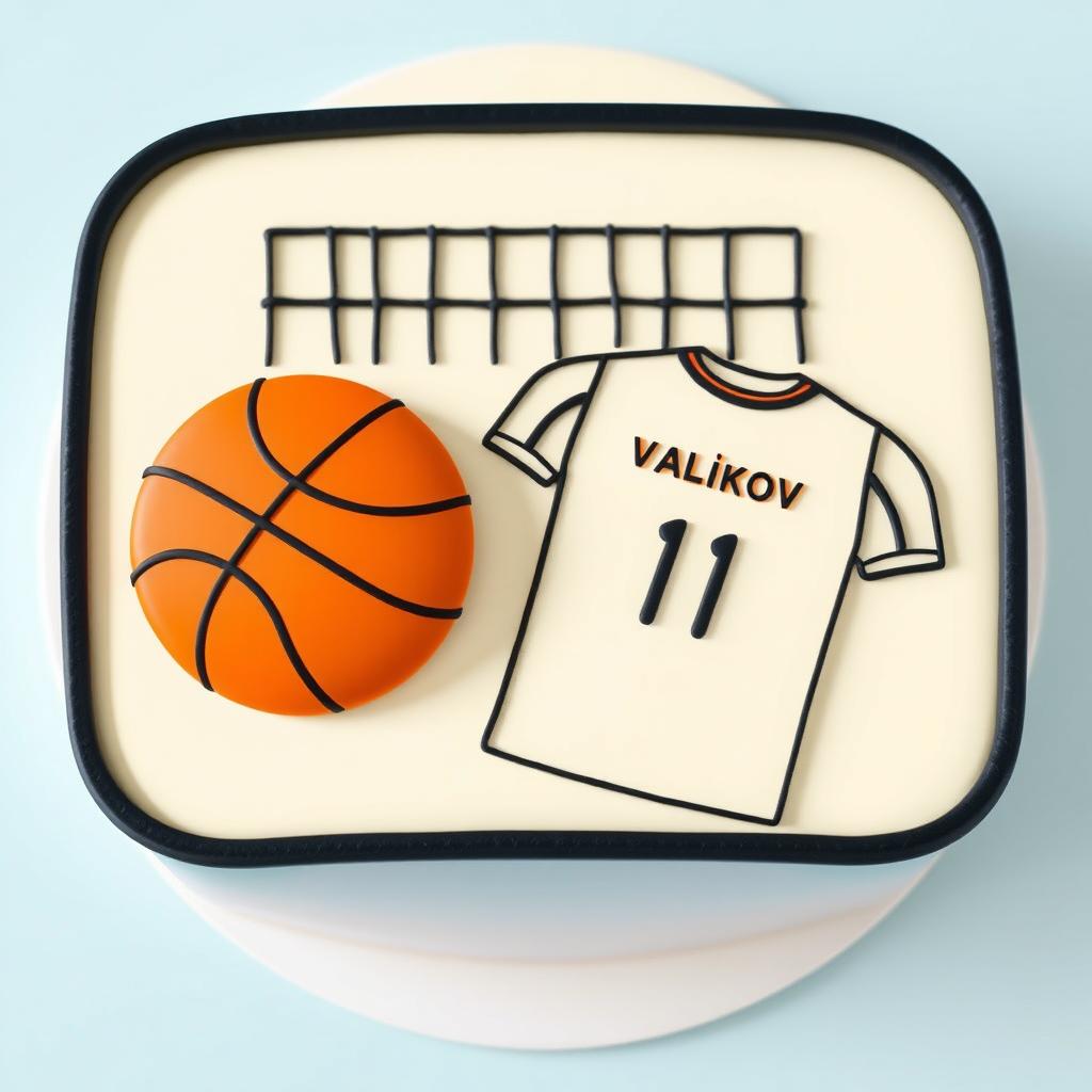 A bento cake design featuring a flat illustration of a basketball, a volleyball net, and the outline of a football jersey with the name "Valikov" on it