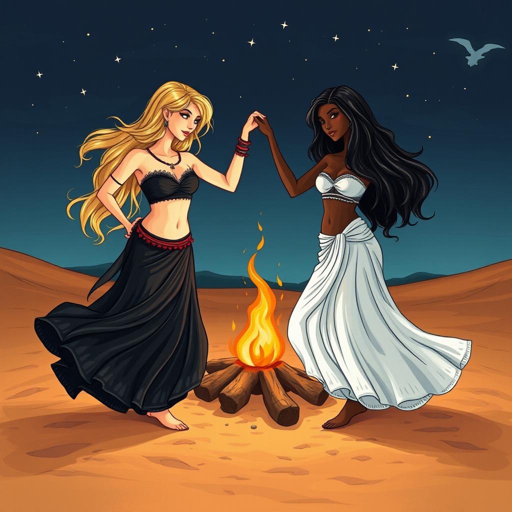 Two belly dancers performing around a campfire in the desert at night