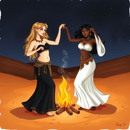 Two belly dancers performing around a campfire in the desert at night