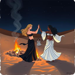 Two belly dancers performing around a campfire in the desert at night