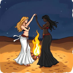 Two belly dancers performing around a campfire in the desert at night