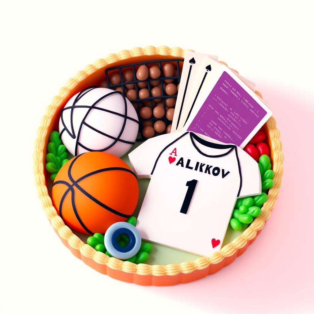 A bento cake design featuring a flat illustration of a basketball, a volleyball net, and the outline of a football jersey with the name "Valikov" prominently displayed