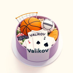 A bento cake design featuring a flat illustration of a basketball, a volleyball net, and the outline of a football jersey with the name "Valikov" prominently displayed